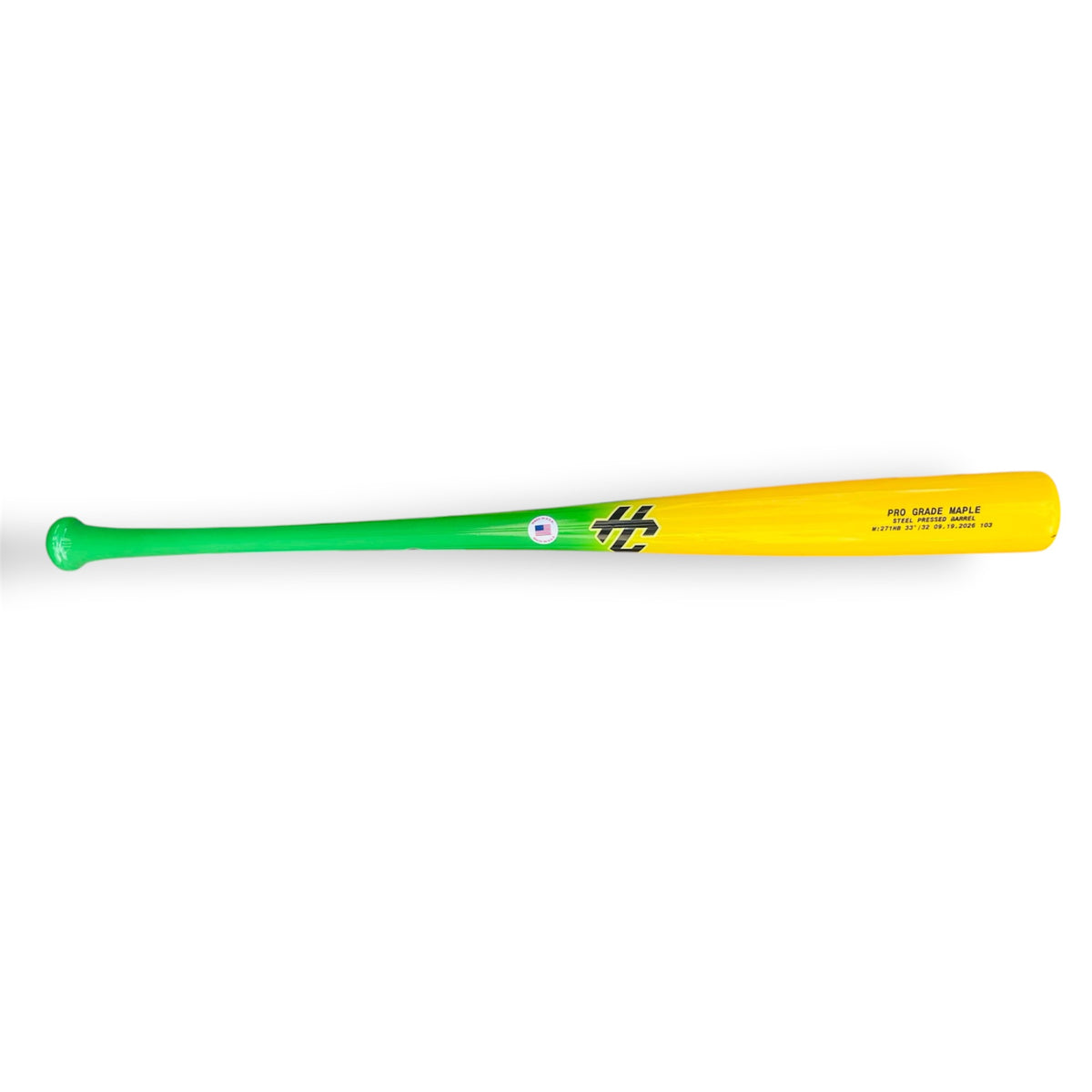 HC Bats Pro Select Maple 271HB 33-inch 32 oz wood baseball bat with a bright green handle fading into a yellow barrel, black HC logo, USA sticker and steel pressed barrel on a white background.