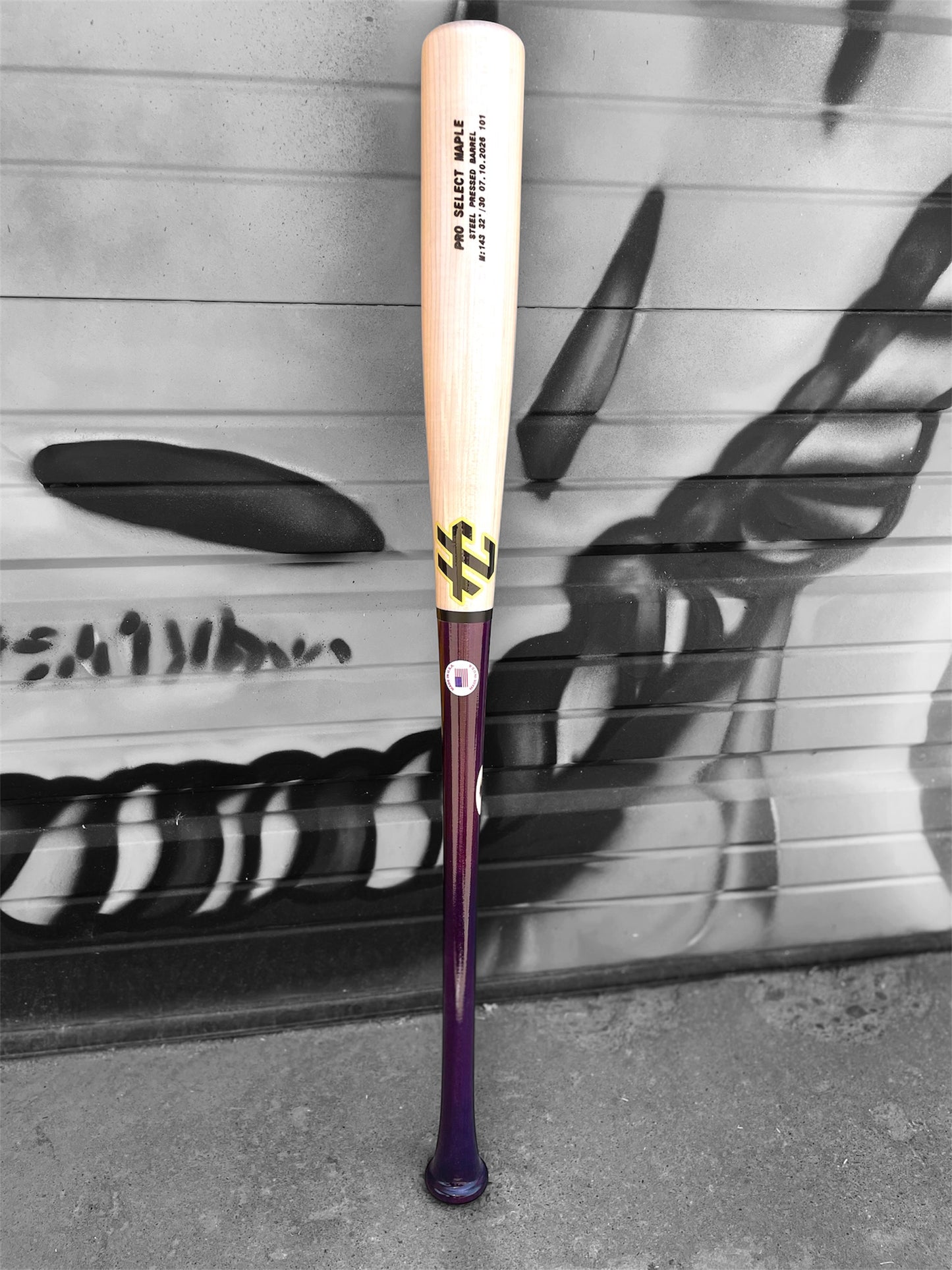 HC Bat Company Pro Select Maple 143HB Baseball Bat 32 inch with purple handle, natural barrel, steel pressed maple construction and slightly end-loaded balanced power profile.
