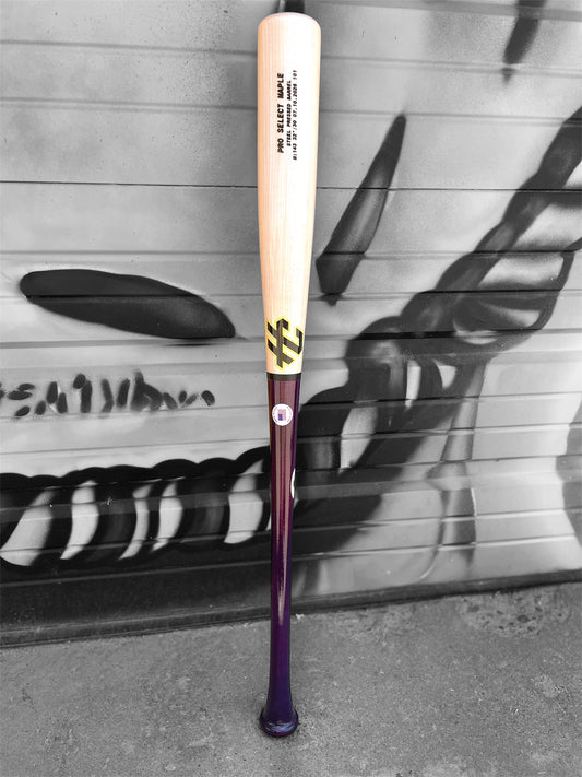 HC Bat Company Pro Select Maple 143HB Baseball Bat 32 inch with purple handle, natural barrel, steel pressed maple construction and slightly end-loaded balanced power profile.