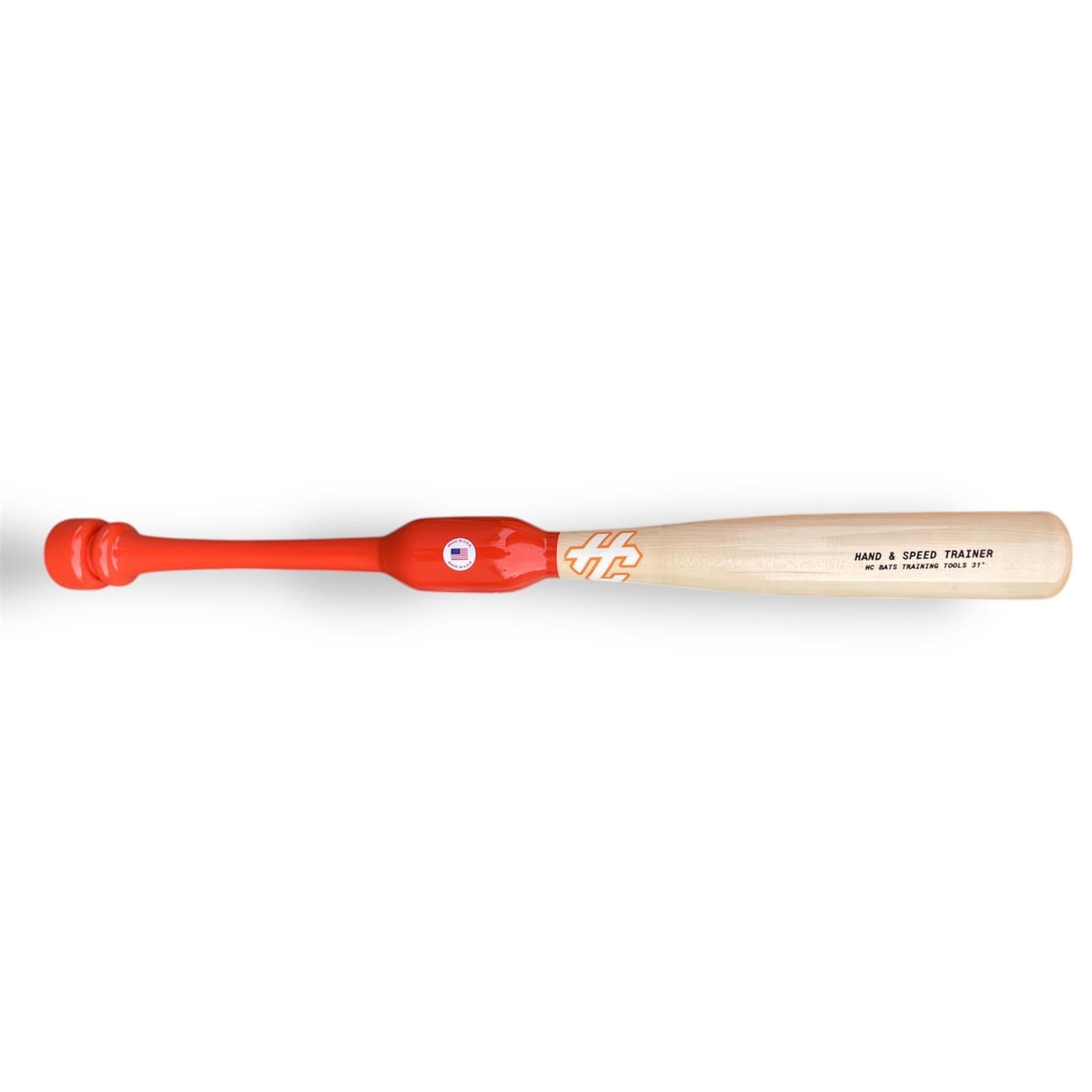 Baseball bat with red handle and wooden shaft on a white background