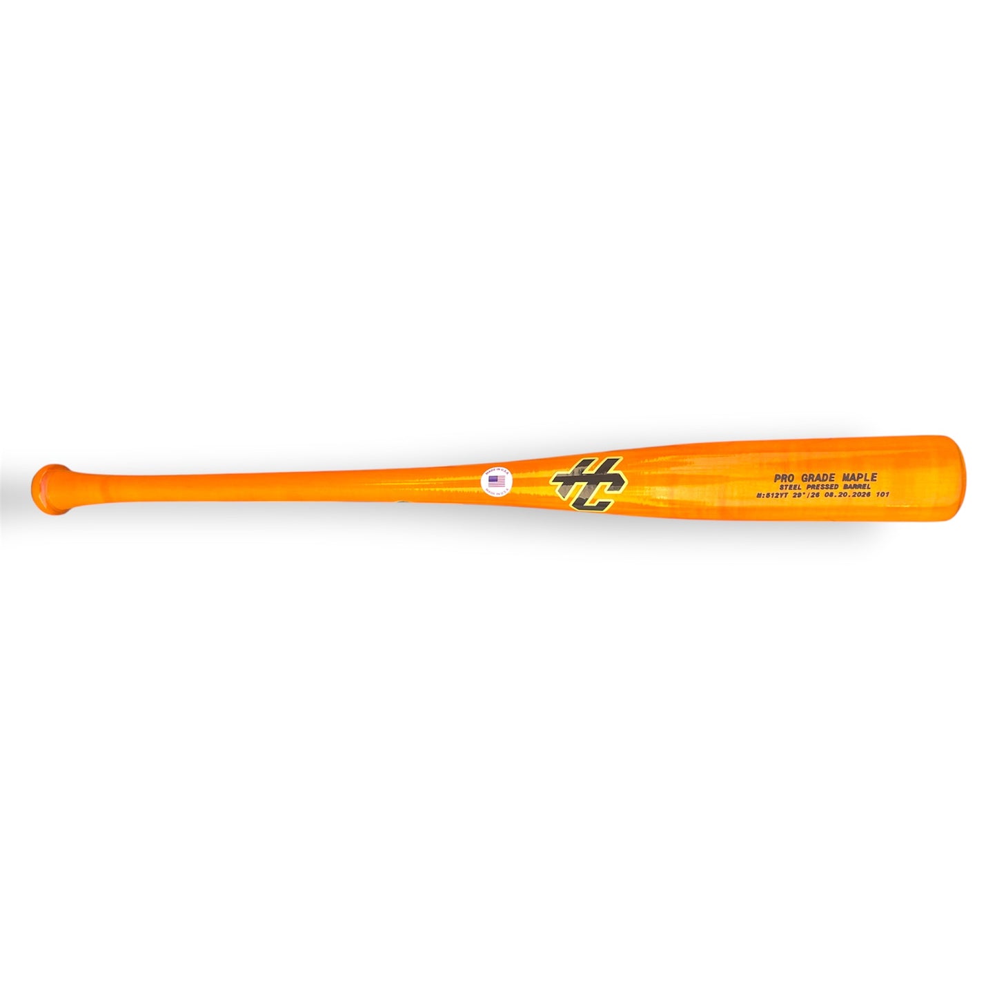 Full orange HC Bat Company 512YT Pro Grade Maple baseball bat displayed horizontally on a white background.