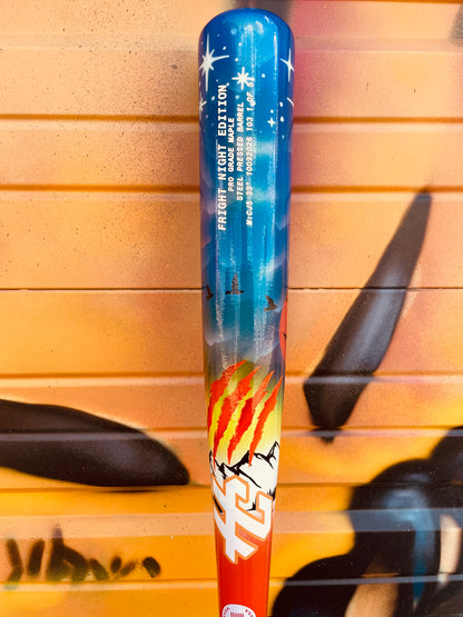 Close-up of the HC Bats Fright Night Edition barrel featuring colorful Halloween-inspired artwork, orange and blue tones, and hand-finished details.