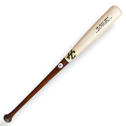Close-up of the dark brown handle and natural maple transition on the HC 195HB baseball bat.