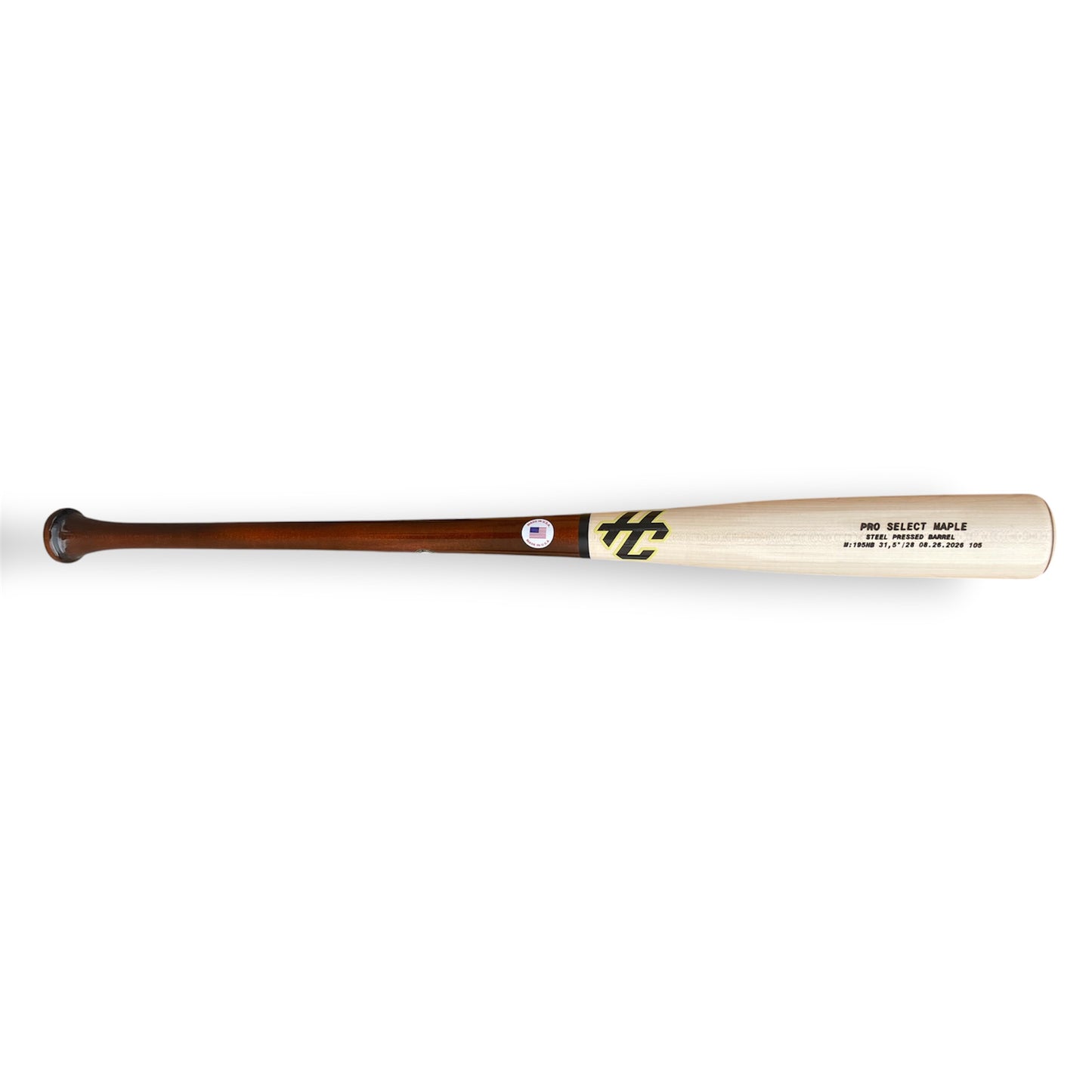 HC 195HB maple baseball bat with dark brown handle and natural barrel displayed horizontally on a white background.