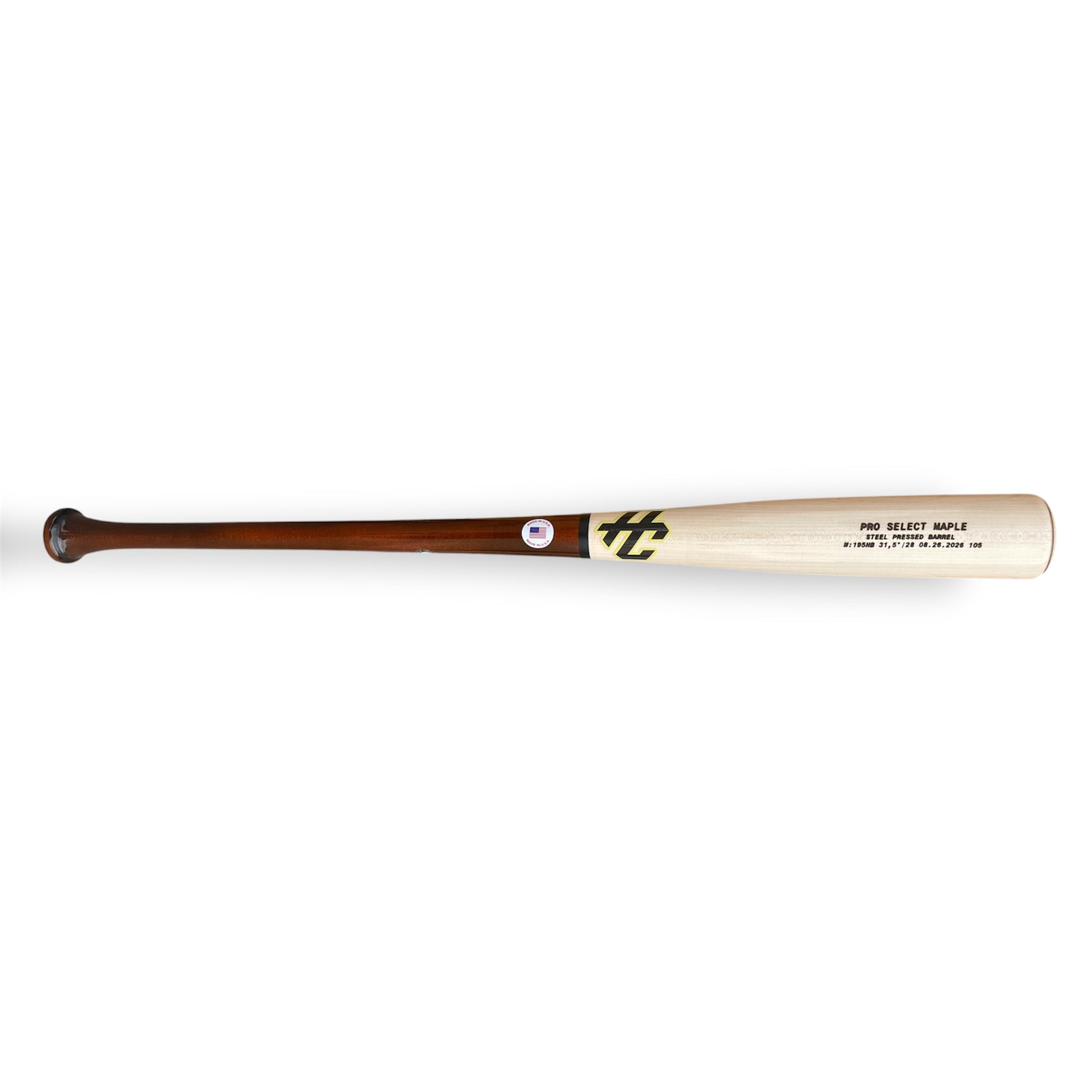 HC 195HB maple baseball bat with dark brown handle and natural barrel displayed horizontally on a white background.
