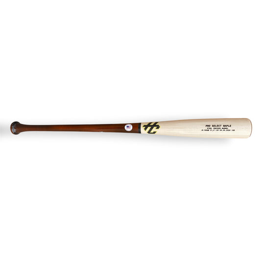 HC 195HB maple baseball bat with dark brown handle and natural barrel displayed horizontally on a white background.