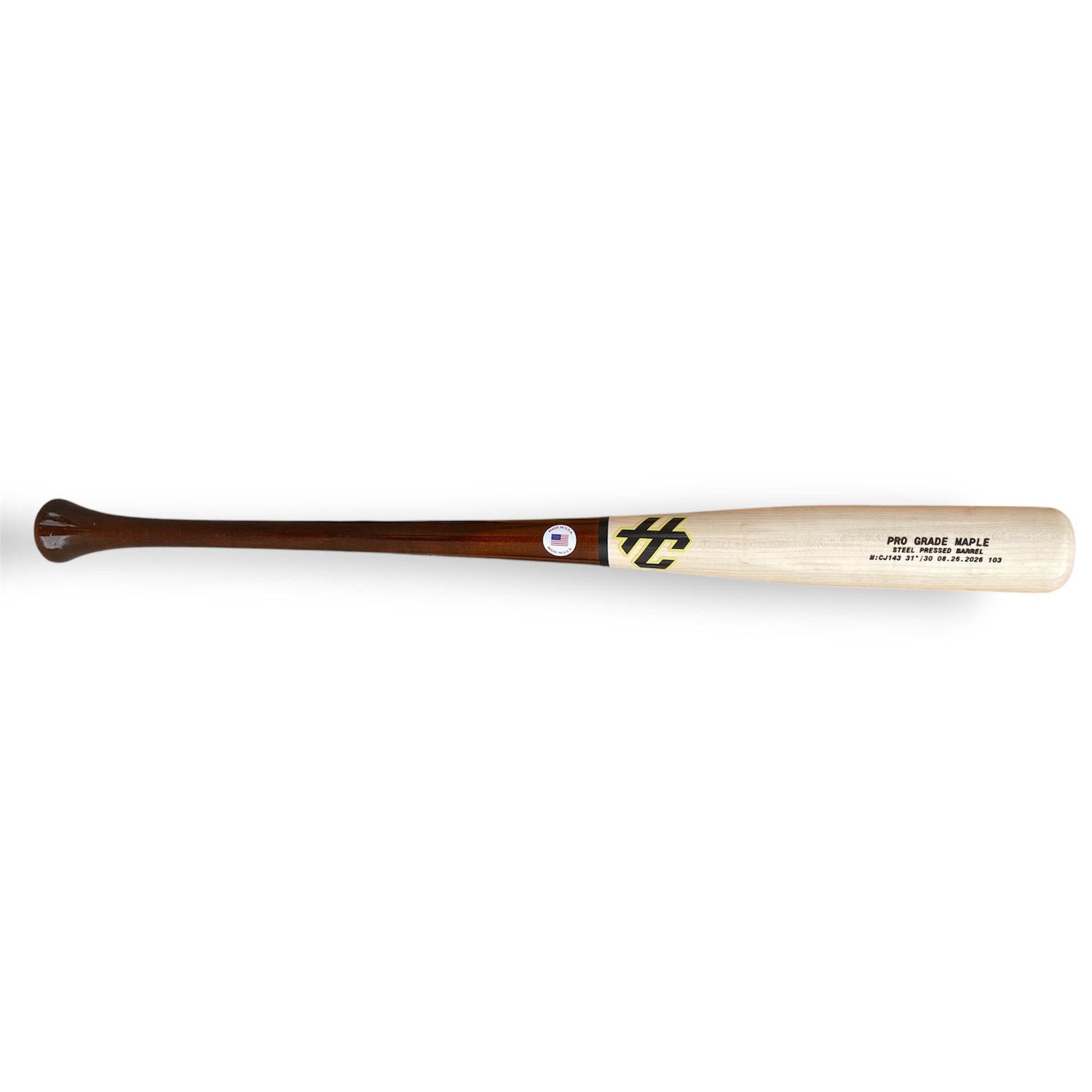 Close-up of the dark brown handle and natural maple transition on the HC CJ143 baseball bat.