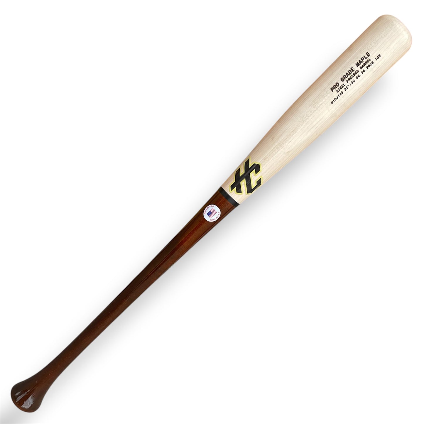 HC CJ143 maple baseball bat with dark brown handle and natural barrel displayed horizontally on a white background.