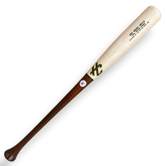 HC CJ143 maple baseball bat with dark brown handle and natural barrel displayed horizontally on a white background.