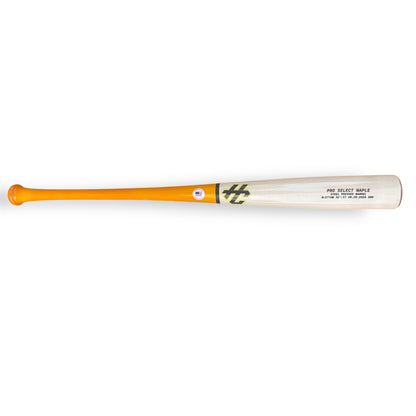 Orange handle and natural maple barrel 271HB baseball bat displayed horizontally on a black background with HC Bat Company branding.