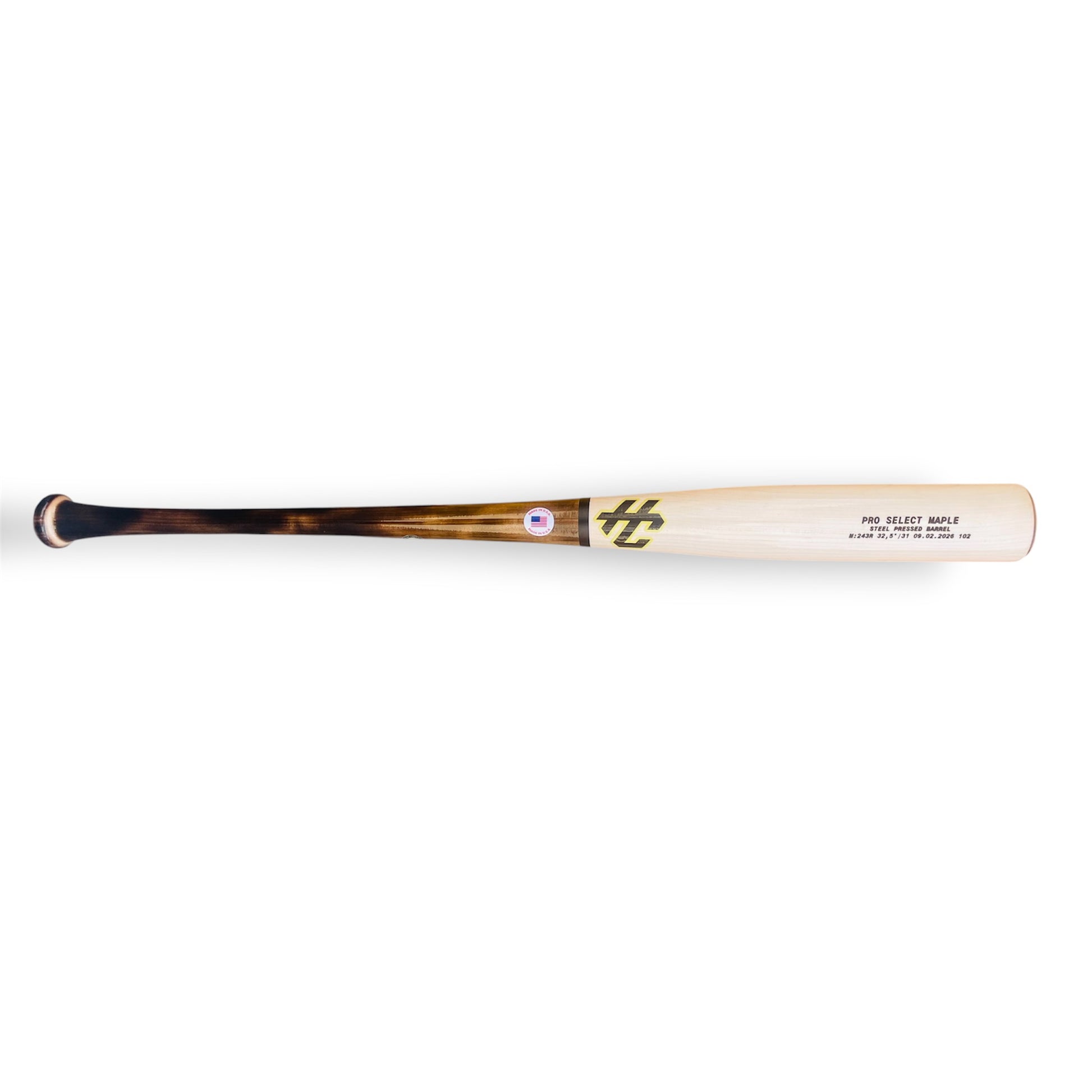 Shop the HC 243R Pro Select Maple Baseball Bat. 32.5" and 31 oz with a flamed handle, natural barrel and steel pressed finish. Made in Texas.
