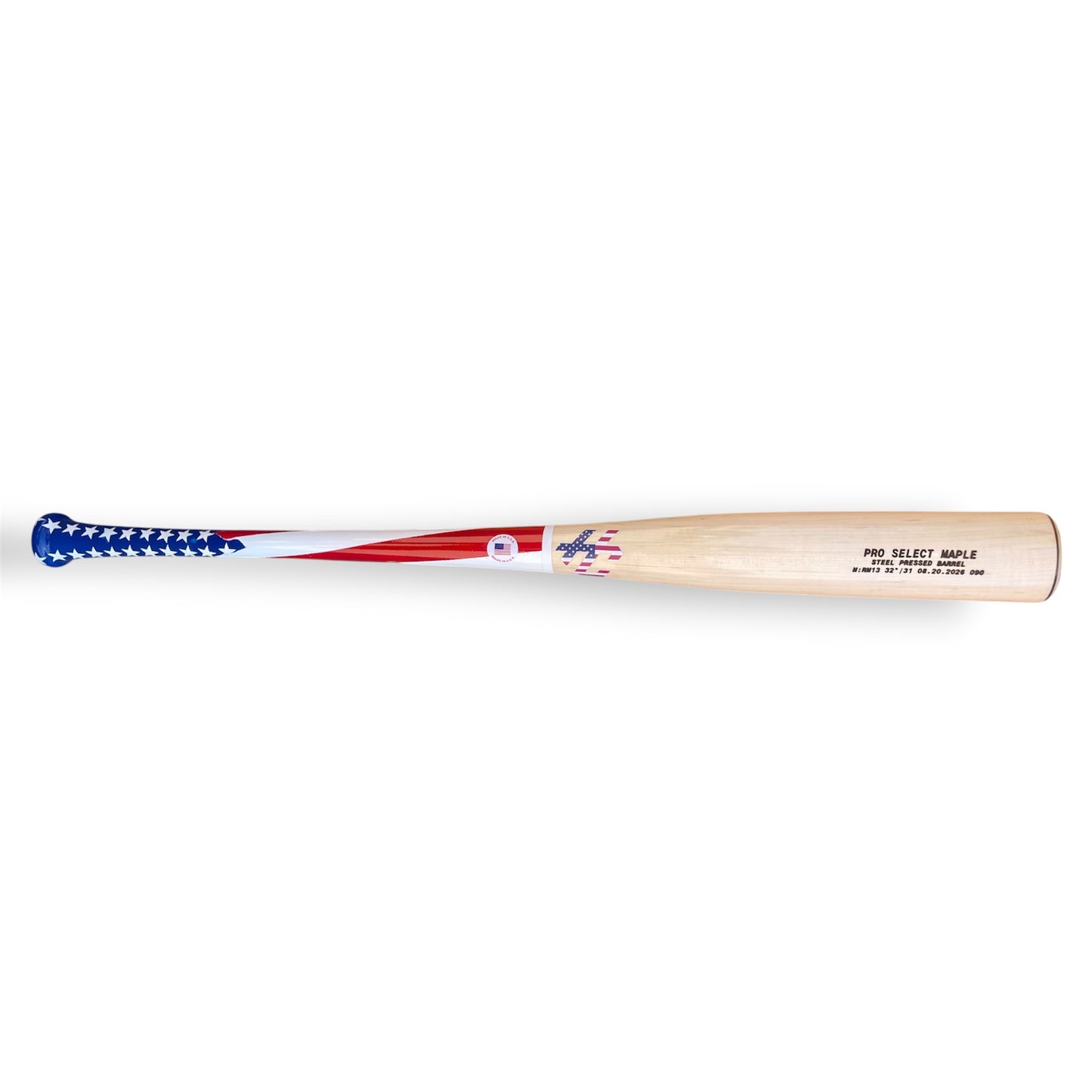 American flag HC Bats RM13 Pro Select Maple baseball bat with stars and stripes handle and natural barrel displayed horizontally on a white background.