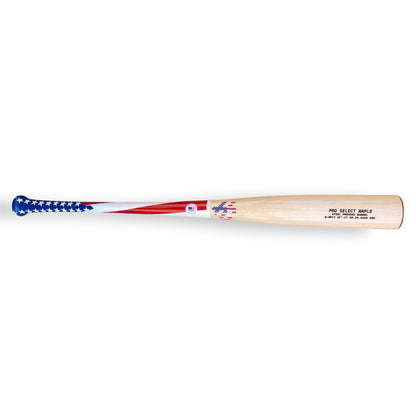 American flag HC Bats RM13 Pro Select Maple baseball bat with stars and stripes handle and natural barrel displayed horizontally on a white background.