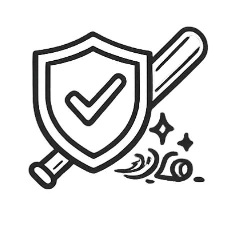 Black and white icon of a shield with a check mark and a sword, symbolizing protection and security.
