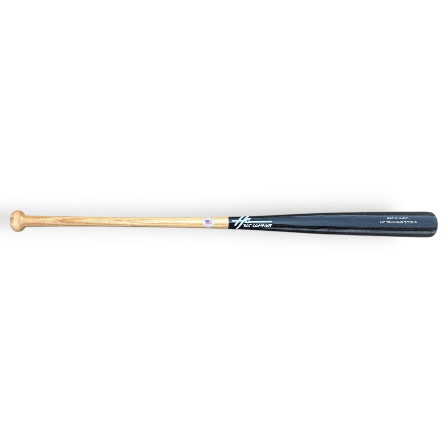 A two-tone handcrafted wooden baseball bat with a gray handle and natural wood barrel, branded with the HC logo.