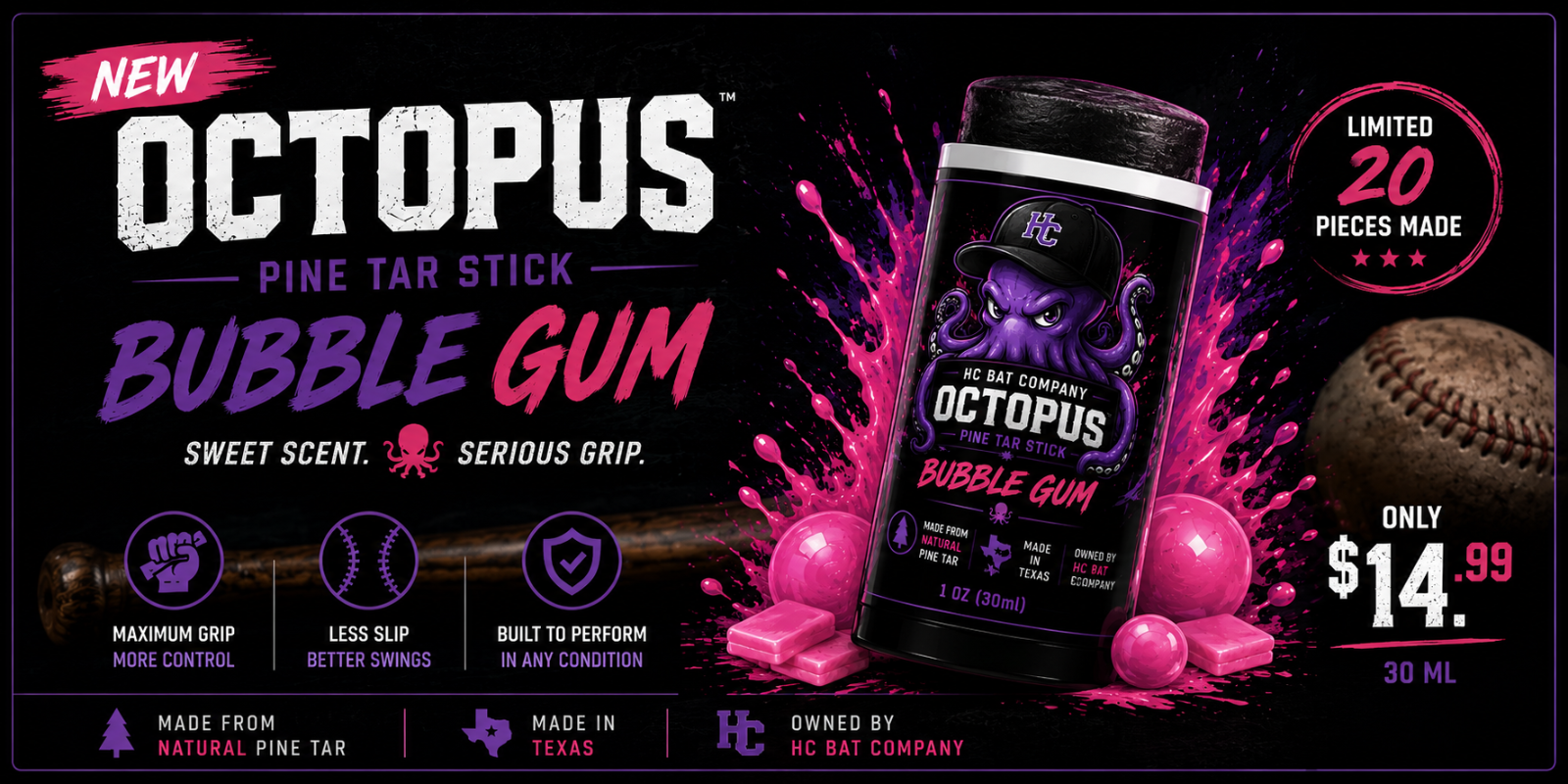 Promotional image of Octopus Pine Tar Stick Bubble Gum with product packaging and text on a dark background.