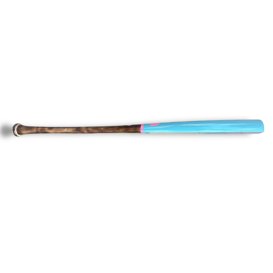 Baseball bat with a blue handle and brown grip on a white background