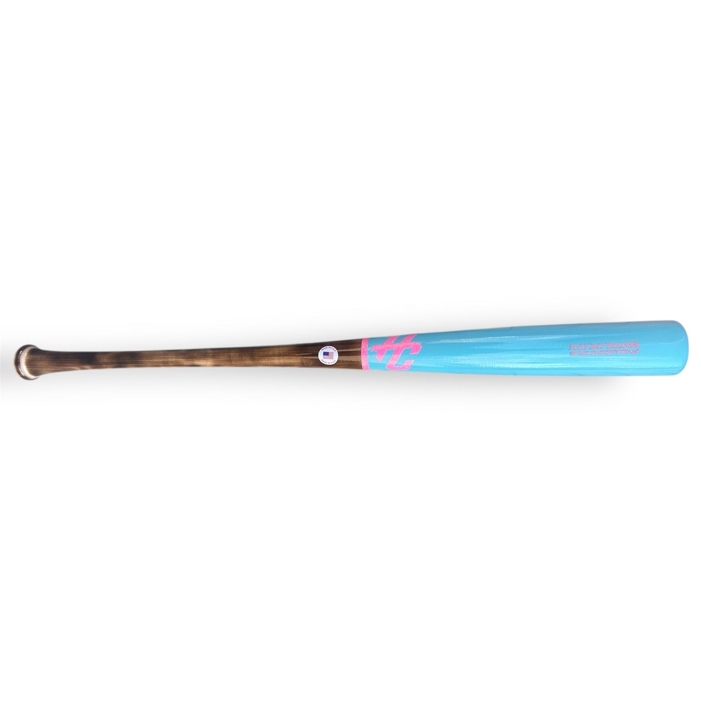 Baseball bat with a blue and brown design on a white background