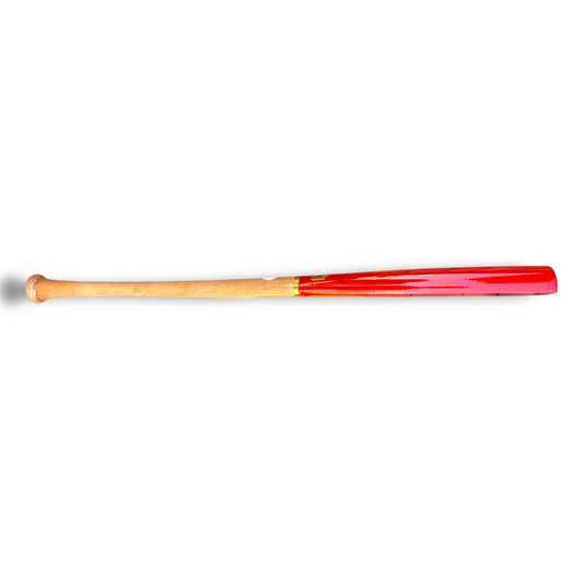 Baseball bat with wooden handle and red barrel on a white background
