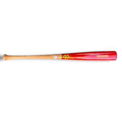 Baseball bat with red handle and gold accents on a white background