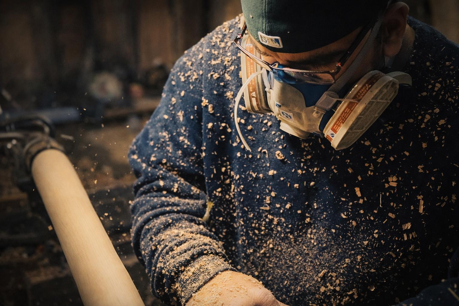 Person working with wood, covered in sawdust, wearing a protective mask and goggles.