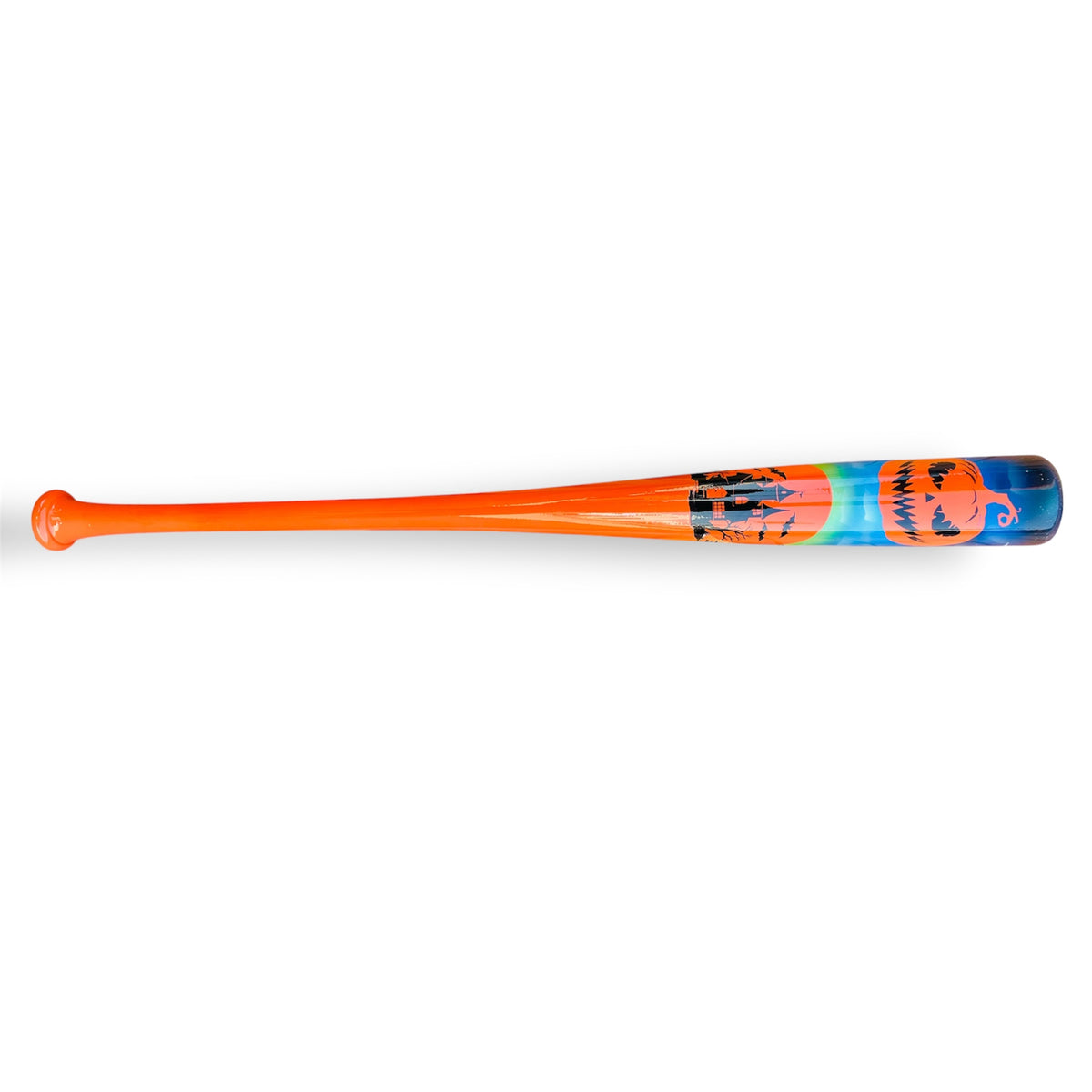 HC Bats 271HB 30-inch 28 oz Fright Night Limited Edition #2 of 5 maple baseball bat with bright orange handle, blue multicolor barrel and jack-o'-lantern Halloween artwork on a white background.