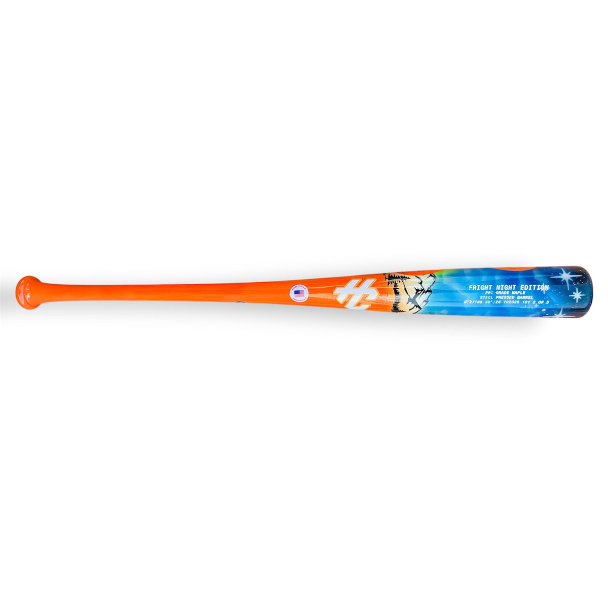 HC Bats 271HB 30-inch 28 oz Fright Night Edition baseball bat featuring an orange handle, HC Bat Company logo, blue steel pressed barrel and white star details on a white background.