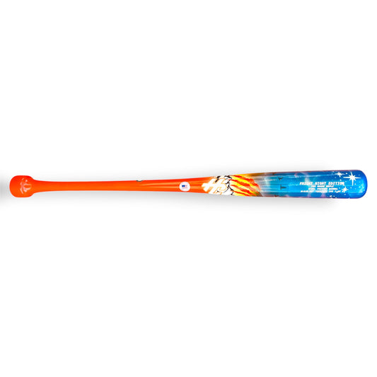 HC Bats CJ5 33-inch Fright Night Limited Edition maple baseball bat featuring a bright orange handle, HC logo and colorful Halloween-themed barrel artwork on a white background.