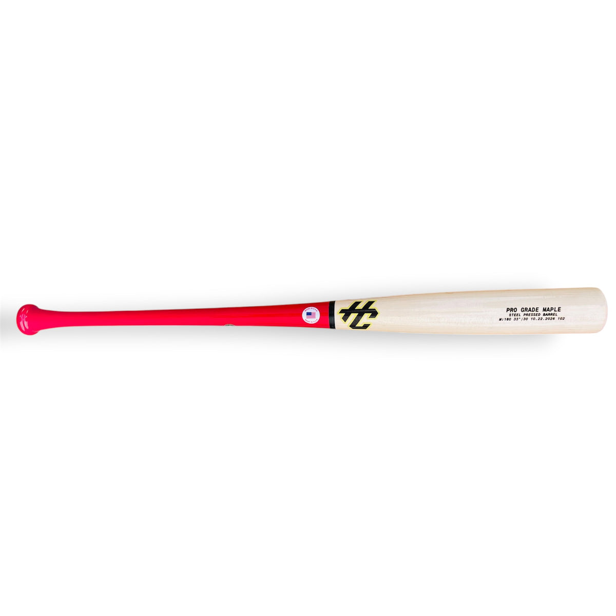 HC Bats Pro Grade Maple Model 180 33-inch 30 oz wood baseball bat with a glossy hot pink handle, natural maple steel pressed barrel and black HC logo with yellow outline displayed horizontally on a white background.