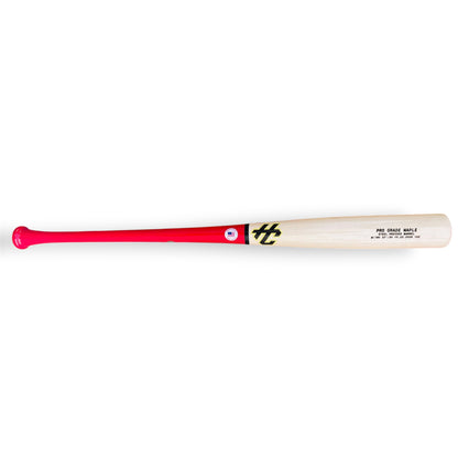 HC Bats Pro Grade Maple Model 180 33-inch 30 oz wood baseball bat with a glossy hot pink handle, natural maple steel pressed barrel and black HC logo with yellow outline displayed horizontally on a white background.