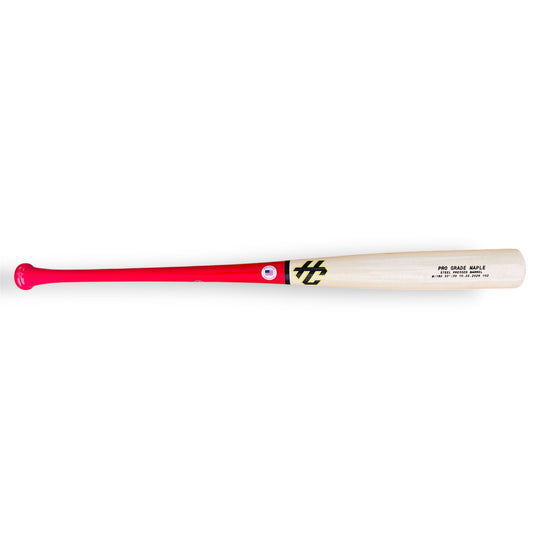 HC Bats Pro Grade Maple Model 180 33-inch 30 oz wood baseball bat with a glossy hot pink handle, natural maple steel pressed barrel and black HC logo with yellow outline displayed horizontally on a white background.