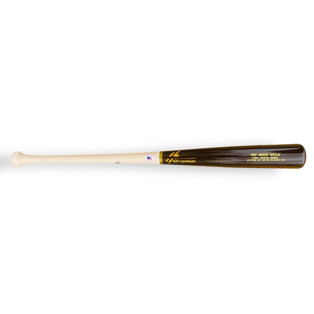 HC Bats Pro Grade Maple 271HB 32-inch 28 oz wood baseball bat with a natural maple handle, glossy espresso brown steel pressed barrel and gold HC Bat Company logo on a white background.