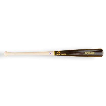 HC Bats Pro Grade Maple 271HB 32-inch 28 oz wood baseball bat with a natural maple handle, glossy espresso brown steel pressed barrel and gold HC Bat Company logo on a white background.