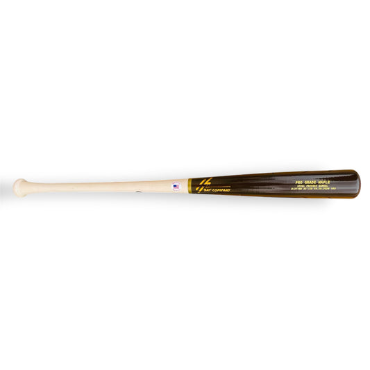 HC Bats Pro Grade Maple 271HB 32-inch 28 oz wood baseball bat with a natural maple handle, glossy espresso brown steel pressed barrel and gold HC Bat Company logo on a white background.