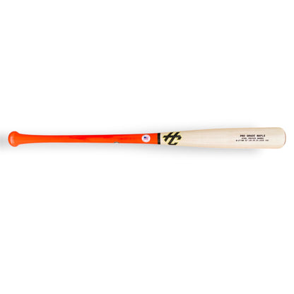 HC Bats Pro Grade Maple 271HB 32-inch 29 oz wood baseball bat with bright orange handle, natural maple barrel, black and gold HC logo and steel pressed barrel on a white background.
