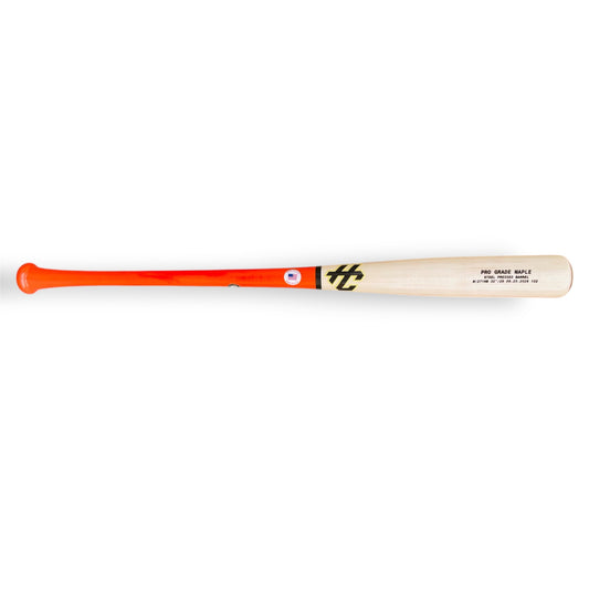 HC Bats Pro Grade Maple 271HB 32-inch 29 oz wood baseball bat with bright orange handle, natural maple barrel, black and gold HC logo and steel pressed barrel on a white background.