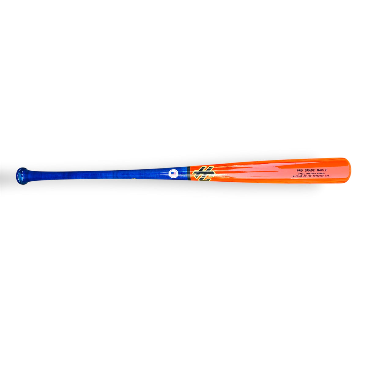 HC Bats Pro Grade Maple 271HB 34-inch wood baseball bat with a royal blue handle, glossy neon orange steel pressed barrel and HC logo displayed horizontally on a white background.