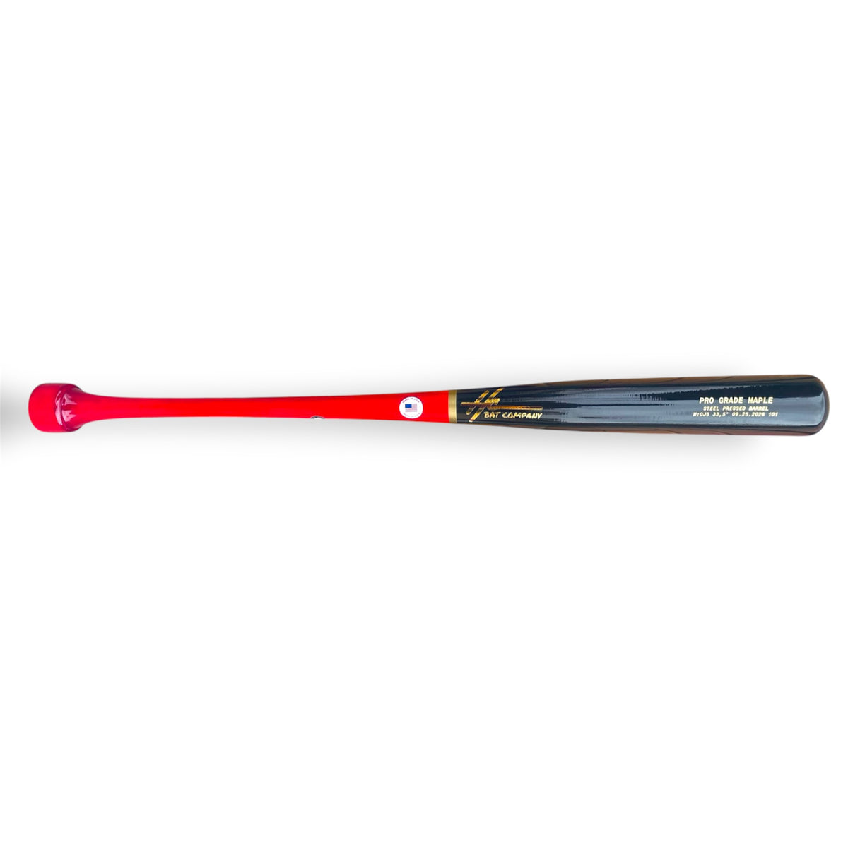 HC Bats Pro Grade Maple CJ5 33.5-inch wood baseball bat with bright red handle, hockey puck knob, dark navy-black steel pressed barrel and gold HC Bat Company logo on a white background.