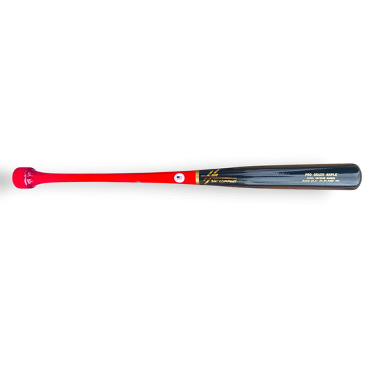 HC Bats Pro Grade Maple CJ5 33.5-inch wood baseball bat with bright red handle, hockey puck knob, dark navy-black steel pressed barrel and gold HC Bat Company logo on a white background.