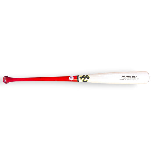 HC Bat Company Pro Grade Maple 195HB 32 inch 28 oz wood baseball bat with red handle and natural barrel, steel pressed maple with large barrel and flared knob