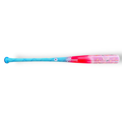 A limited edition baseball bat with a 'Popsicle' design, featuring red and blue colors, made from maple wood.