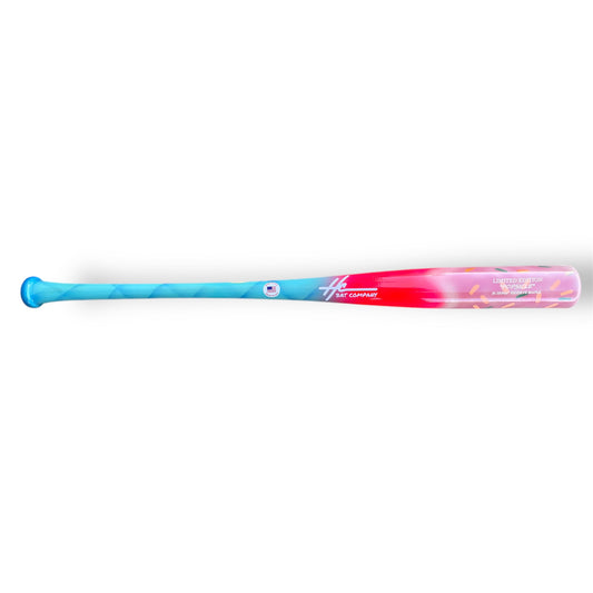 A limited edition baseball bat with a 'Popsicle' design, featuring red and blue colors, made from maple wood.