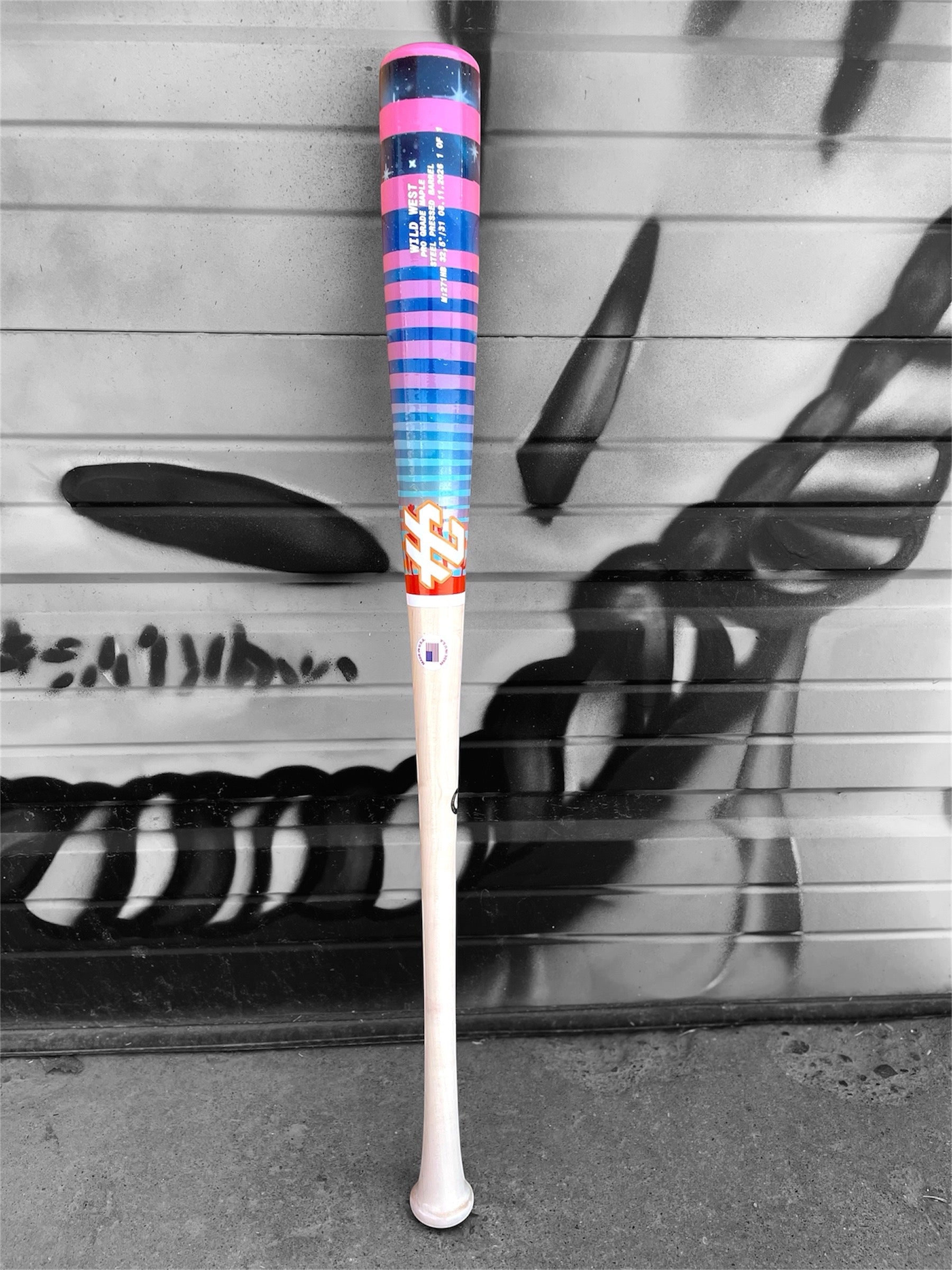 HC Bat Company Pro Select Maple 271HB 32.5 inch 31 oz baseball bat with natural handle and custom Wild West barrel design, steel pressed and one of one