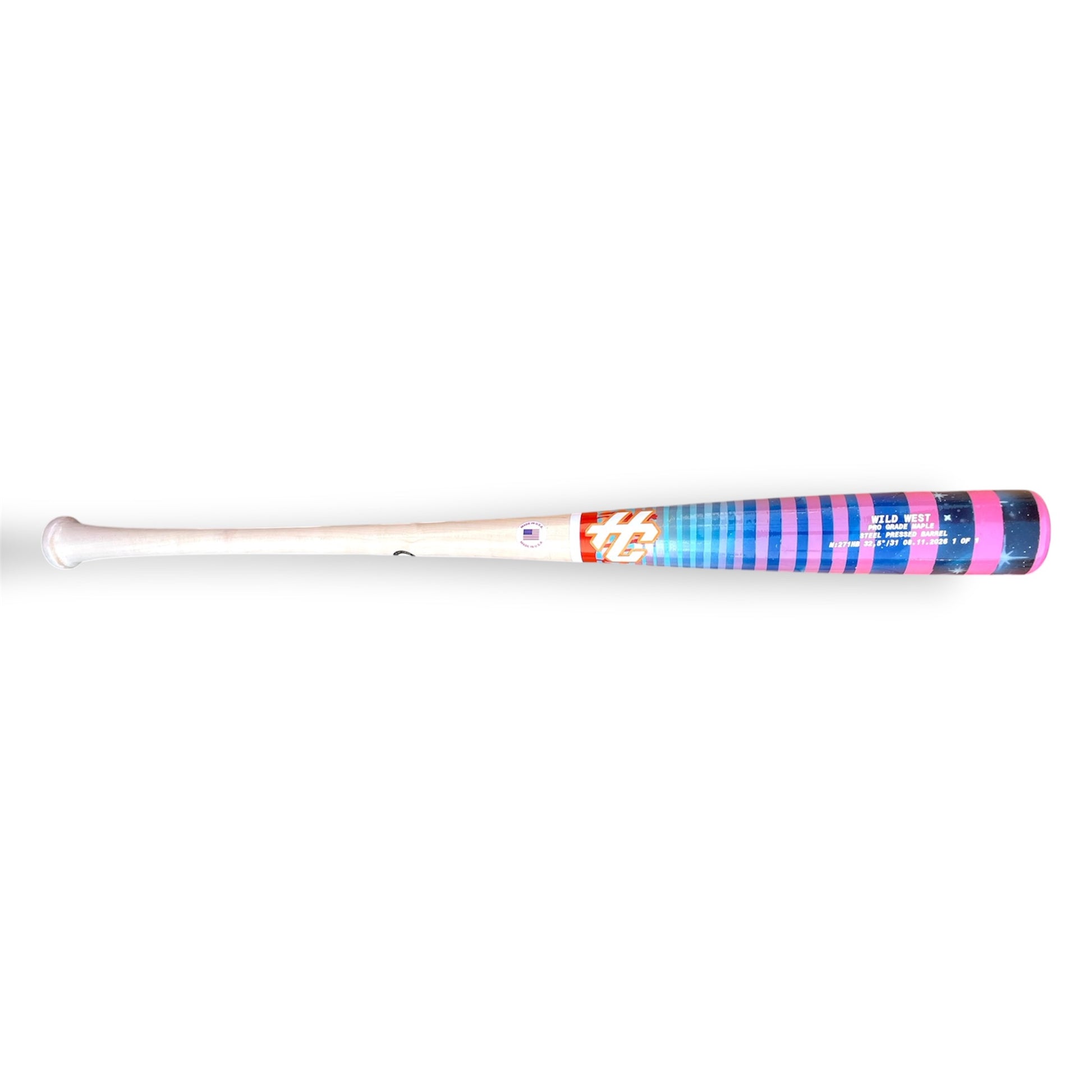 HC Bat Company Pro Select Maple 271HB 32.5 inch 31 oz baseball bat with natural handle and custom Wild West barrel design, steel pressed and one of one