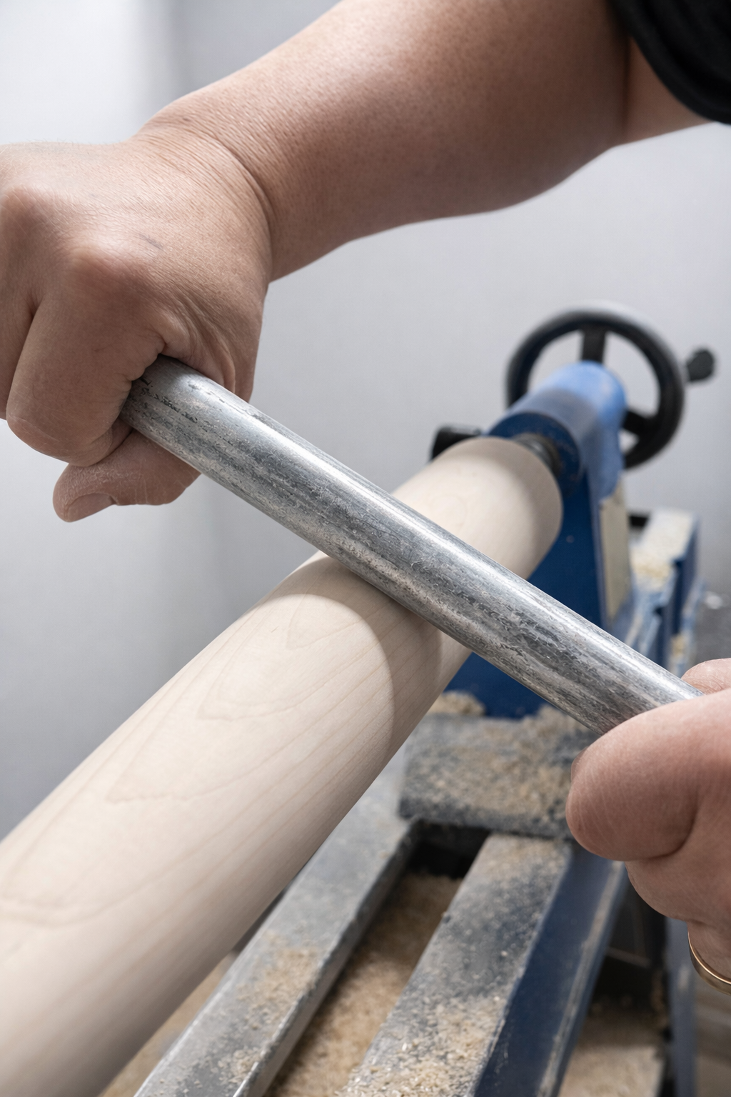 Person using a metal tool on a cylindrical object with a blurred background