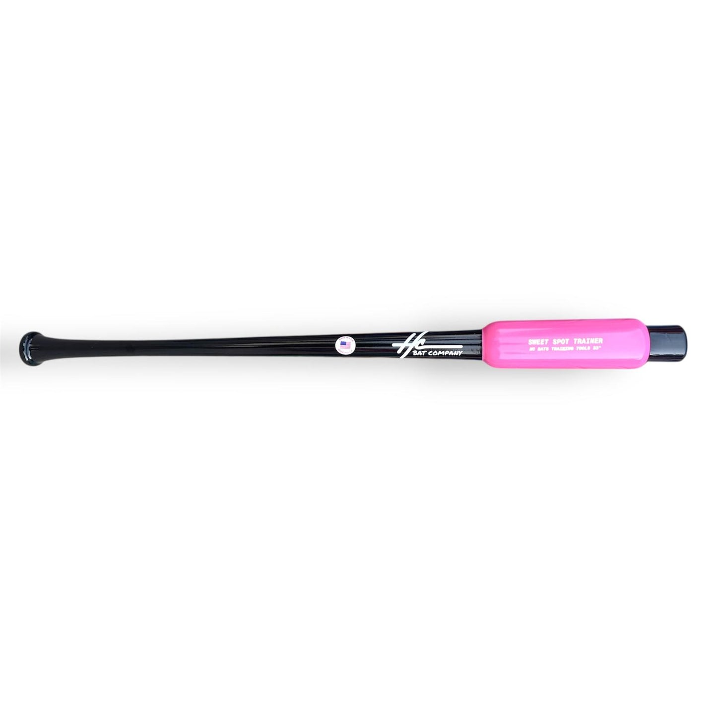 Baseball bat with black handle and pink end on a white background