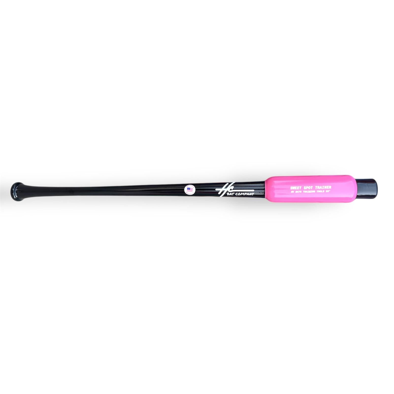 Baseball bat with black handle and pink end on a white background